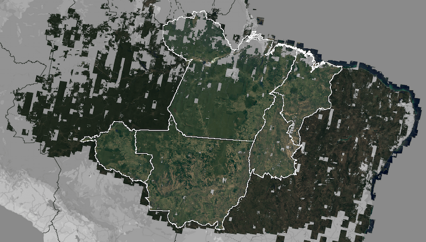 The v1.0 Visual Basemap coverage across Maranhão, Mato Grosso, Pará, Rondônia, and Tocantins. Image from Google Earth Engine