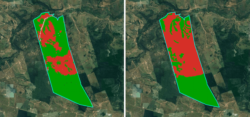 Image on left depicts a sample CAR assessment for a property done using previously available imagery. Image on right shows a more accurate sample CAR assessment resulting from the new, detailed imagery dataset. Image courtesy of Visiona