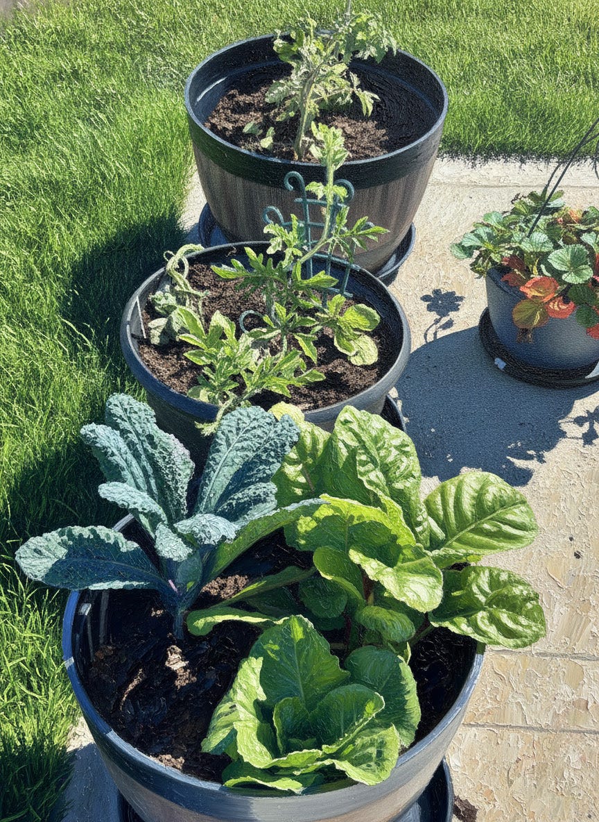 The vegetable garden arrives, in pots of course. Photo by author with the Google Photos oil painting effect.
