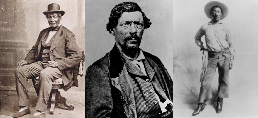 LEFT: “George Bonga. (August 20, 1802–1874) was a fur trader, entrepreneur and interpreter for the U.S. government, who was of Ojibwe and [Black] descent, fluent in French, Ojibwemowin and English.” Image from Wikimedia Commons. Public domain. Caption from Wikipedia. CENTER: James Beckwourth (1798–1866) was a mountain man, fur trader, explorer, scout, rancher, and businessman. Of Black, Native, and White descent, he was born into slavery in Virginia, freed by his father, and apprenticed to a blacksmith. Later, he moved to the American West. He lived with Crow Nation and married into other tribal nations. Wikimedia Commons. Public domain. RIGHT: “Bill Picket. c.1902.” Born 1870, in Jenks Branch, Williamson County, Texas, his family’s ancestry was Black and Cherokee. North Fort Worth Historical Society. Image and caption from Wikipedia. Public domain.