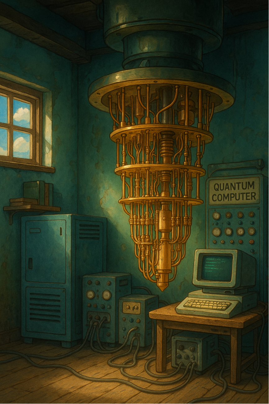 Foto de um laboratório com um computador quântico no estilo do Studio Ghibli. Imagem gerada pelos autores através de uma inteligência artificial.