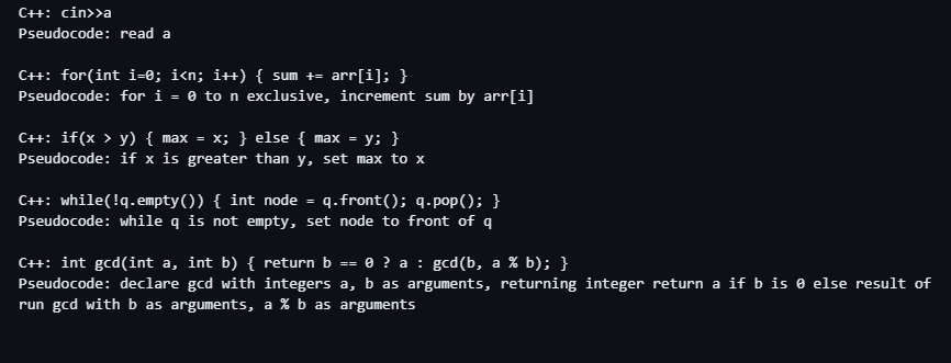 Pseudo Code to C++ code generation and vice versa by using a Custom ...