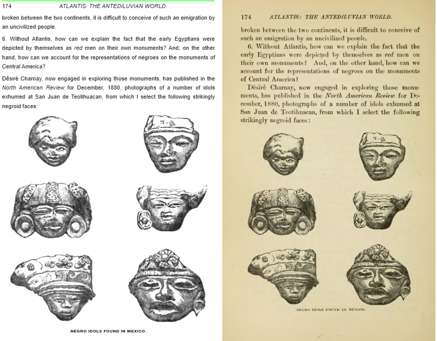 “Negro Idols Found in Mexico.” Exhumed at San Juan de Teotihuacán. Photographed by Désiré Charnay for December 1880 issue of American Review. Published in Atlantis: the Antediluvian World by Ignatius Donnelly, 1882.