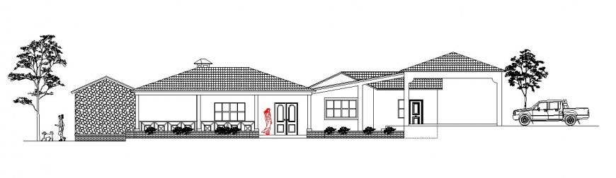 MAIN FACADE ELEVATION DRAWING DETAILS OF THREE BEDROOM HOUSE DWG FILE