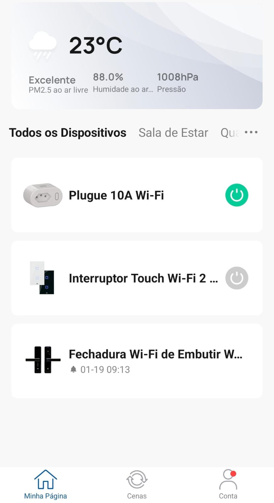 Tela principal do app WEG Home, com Minha Página, Cenas e Conta