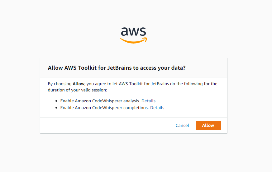 Permitir el plugin AWS Toolkit utilizar nuestra cuenta y habilitar CodeWhisperer