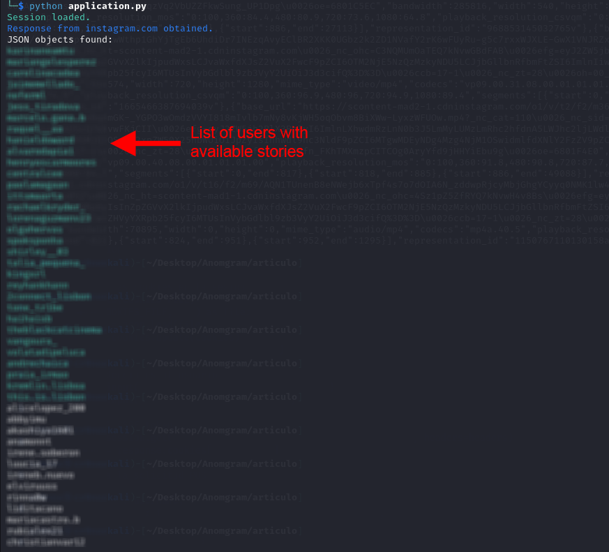 Python program obtaining the list of users with available stories