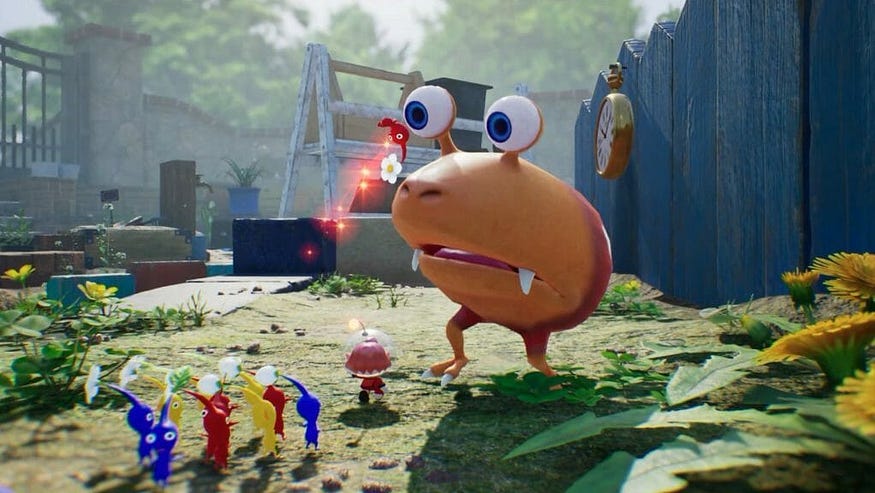 The Pikmin 4 captain flinging her squad of Pikmin at an attacking Bulborb.