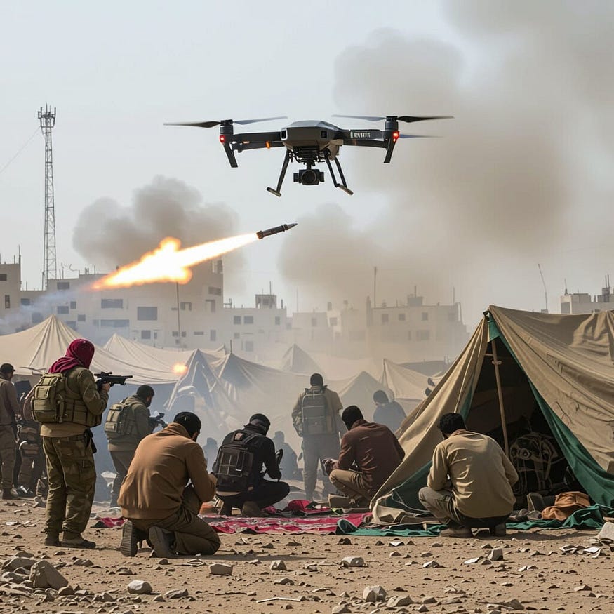 A drone is flying and people are shooting at it and a missile is in the air