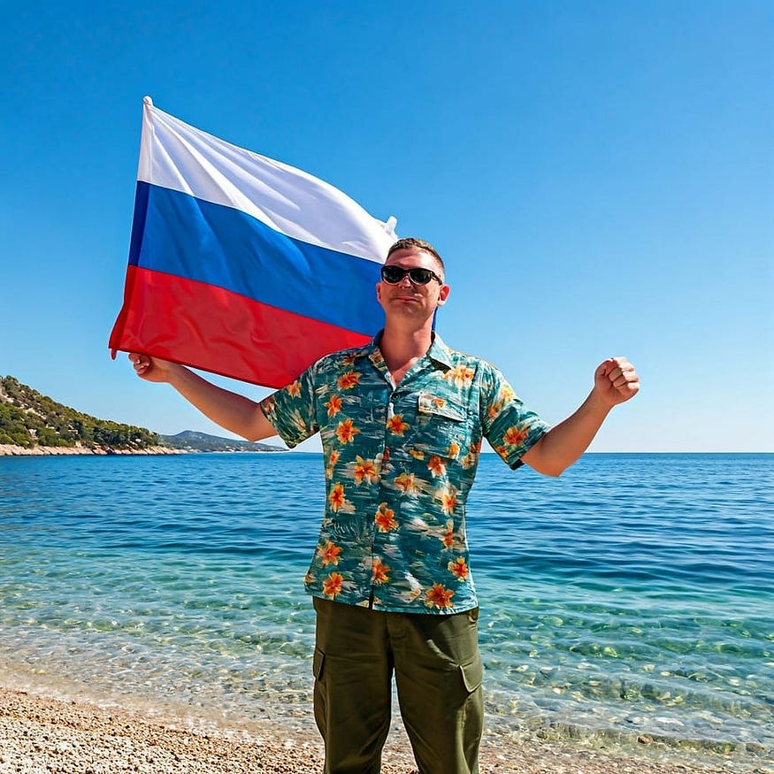 A Russian soldier with a Russian flag is standing on the beach on the Mediterranean sea