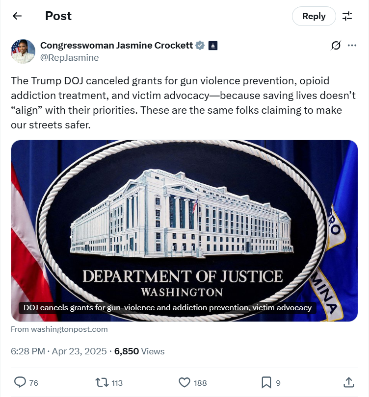 A post on X written by Jasmine Felicia Crockett, Democratic Congresswoman
