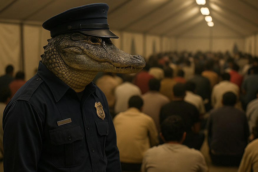 There is an alligator dressed like a prison guard in the picture