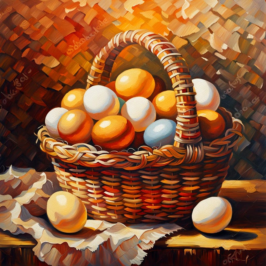 There is a basket full of eggs in this picture