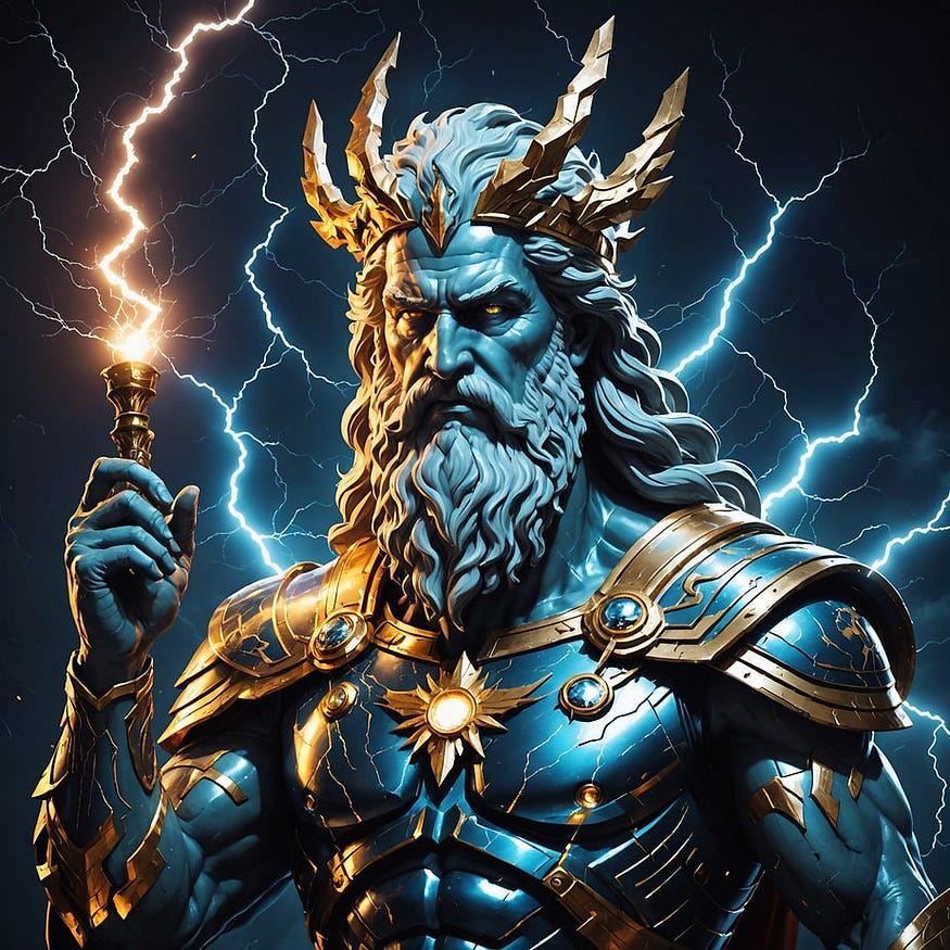 The Greek god Zeus with thunders in his hand is in the picture