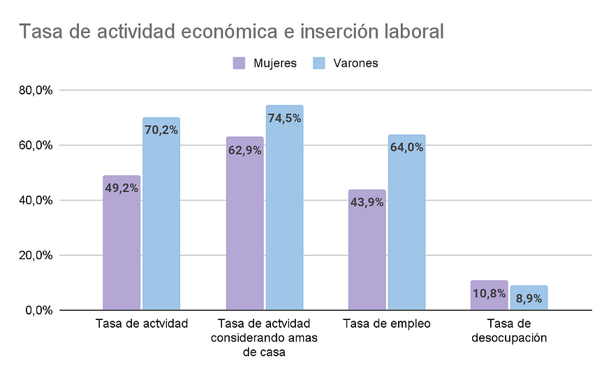 Gráfico 2: Tasa de actividad económica, tasa de empleo y tasa de desocupación por sexo. Año 2019.