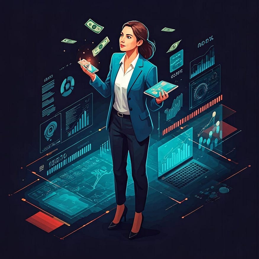 A lady with a tablet in her hand is standing and money is falling from the sky