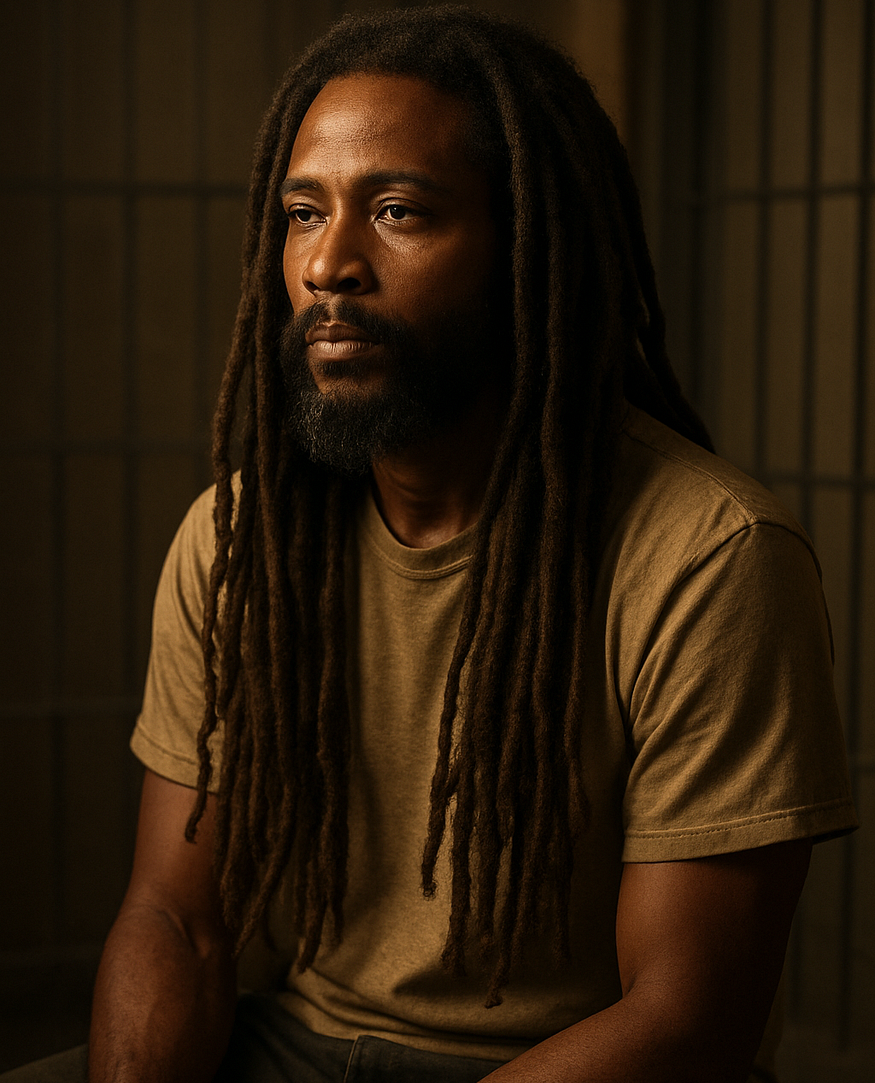 A seated Rastafarian man with long dreadlocks, looking solemn and dignified, inside a prison environment