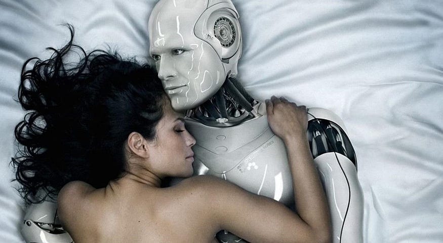 A woman is cuddling in bed with AI sex robot