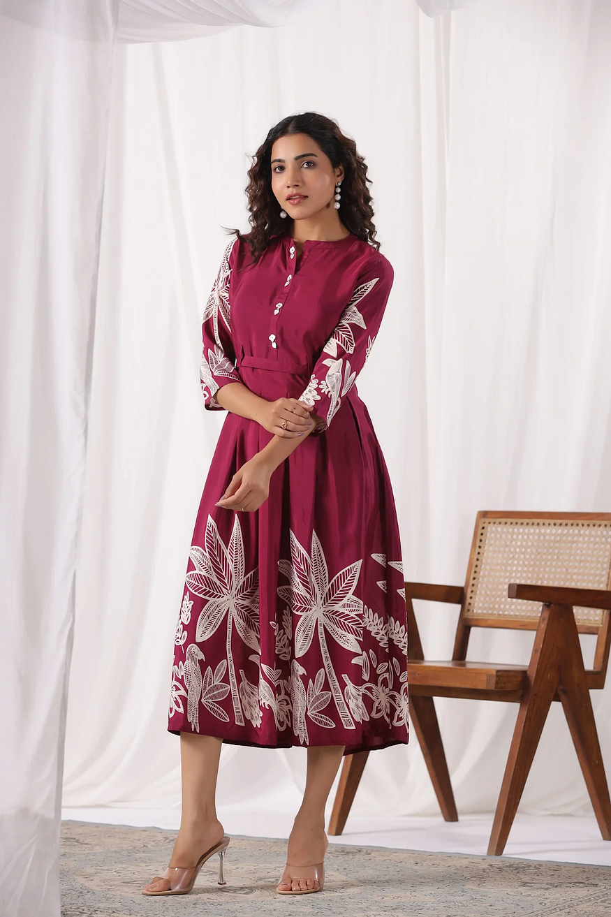 Wine Base With Cream Color Bold Flower Motif Midi Dress