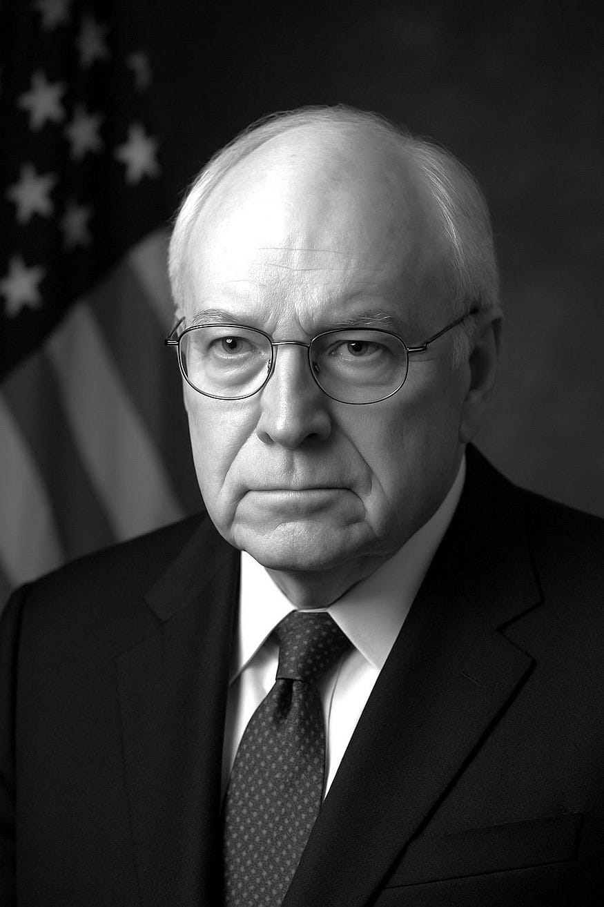 A portrait of Dick Cheney in formal dark suit and tie, American flag subtly blurred in the background