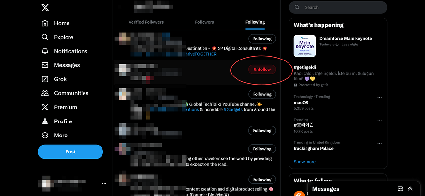 Mass unfollow on X