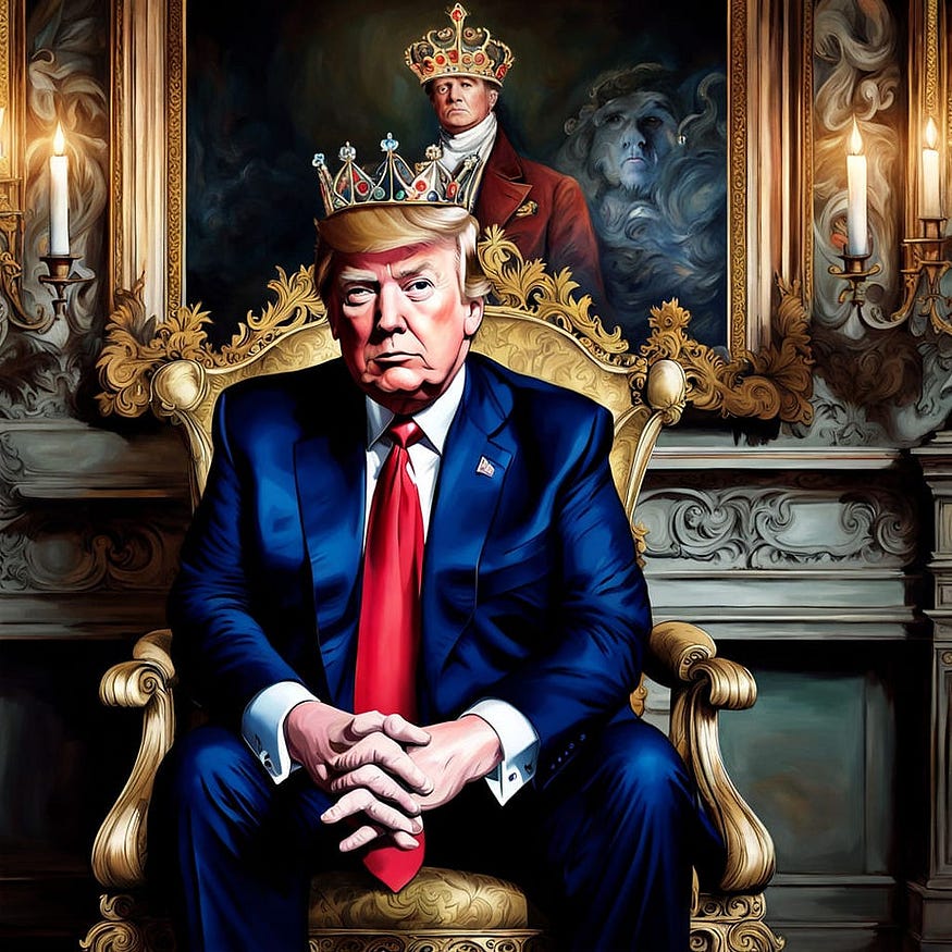 Trump is sitting on the throne with the crown on his head