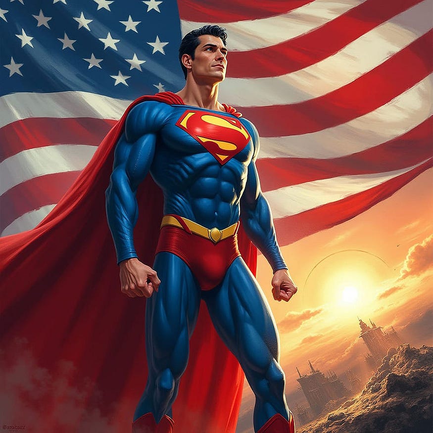 Superman is standing and the American flag is behind him