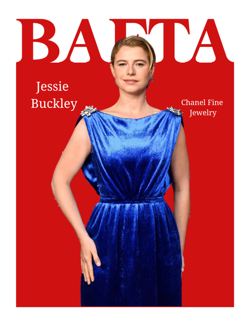 Jessie Buckley wearing a royal blue velvet gown with Chanel fine jewelry on the BAFTA Awards 2026 red carpet.