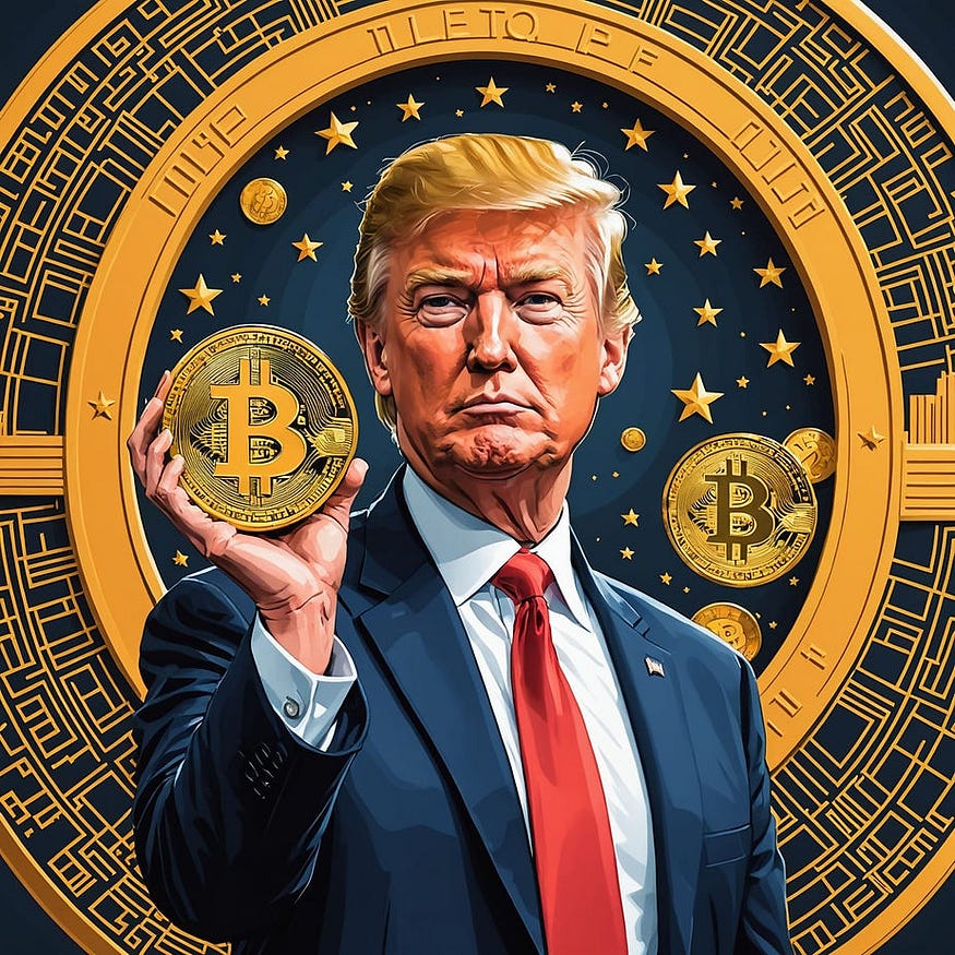 President Trump is in the picture holding a Bitcoin coin in his hand