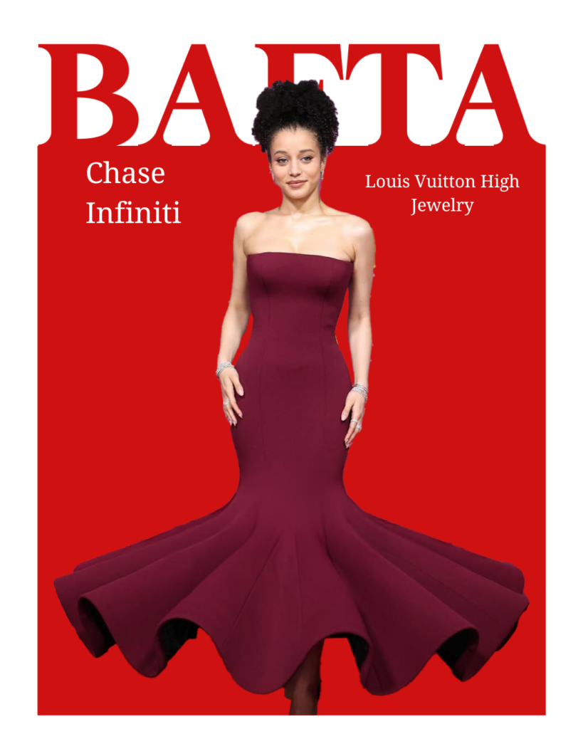 Chase Infiniti in a burgundy strapless mermaid gown styled with Louis Vuitton high jewelry at the BAFTA Awards 2026.