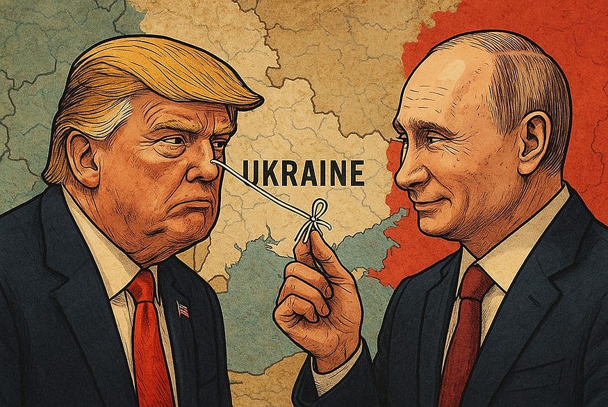 Putin is puling Trump by his nose with a string and map of the Ukraine is in the background
