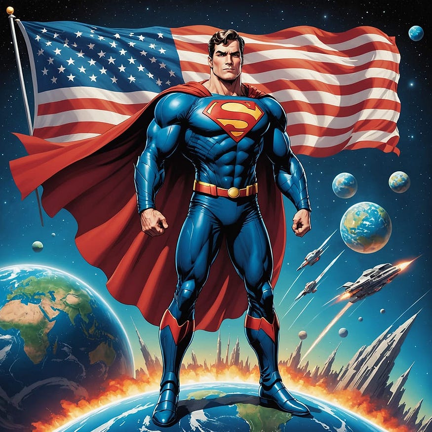 Superman is standing surrounded by the planets and the American flag is behind him