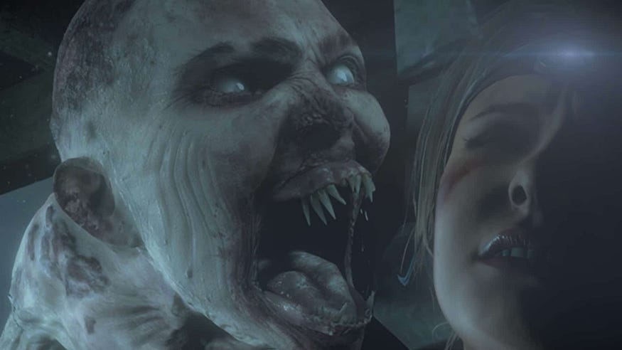 A still of a monster screaming in a character’s face from the game Until Dawn.