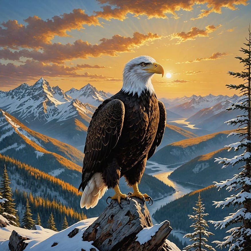 An eagle on the top of the mountain is in the picture