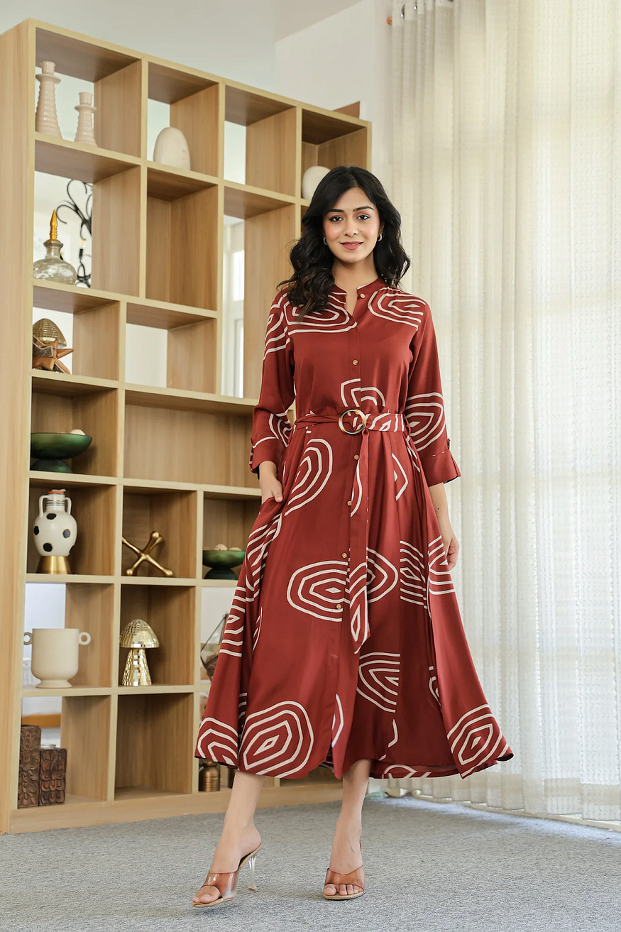 Brown Abstract Print Buckle Belt Shirt Dress in Viscose
