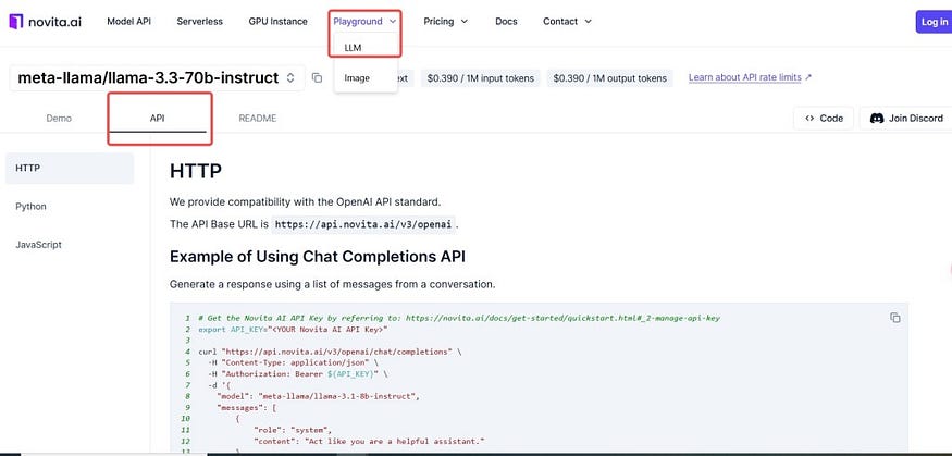Novita AI API page showing Playground dropdown.
