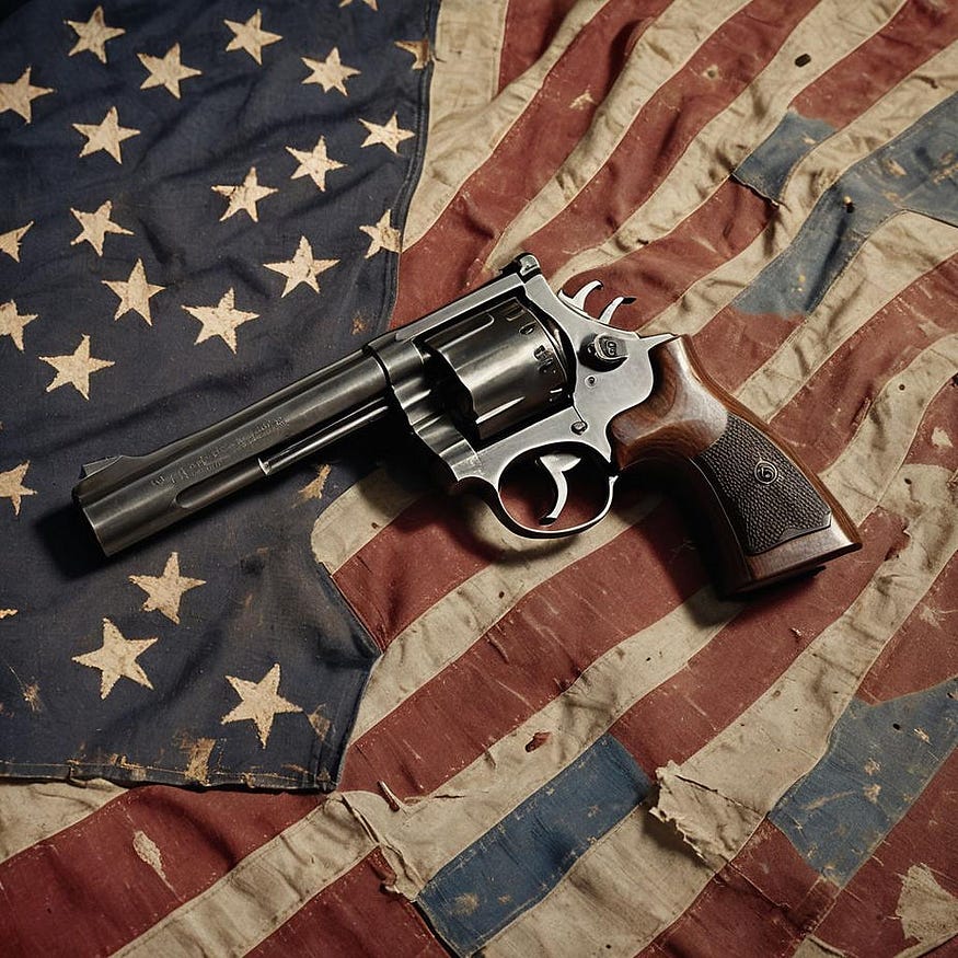 A gun on American flag is in the picture