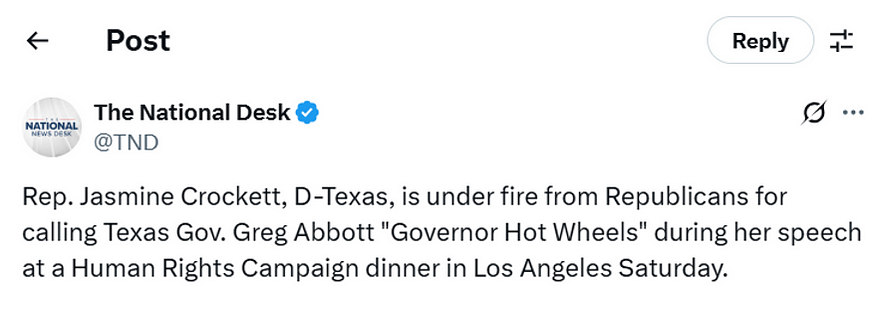 A post on X about statement of  Jasmine Felicia Crockett, Democratic Congresswoman