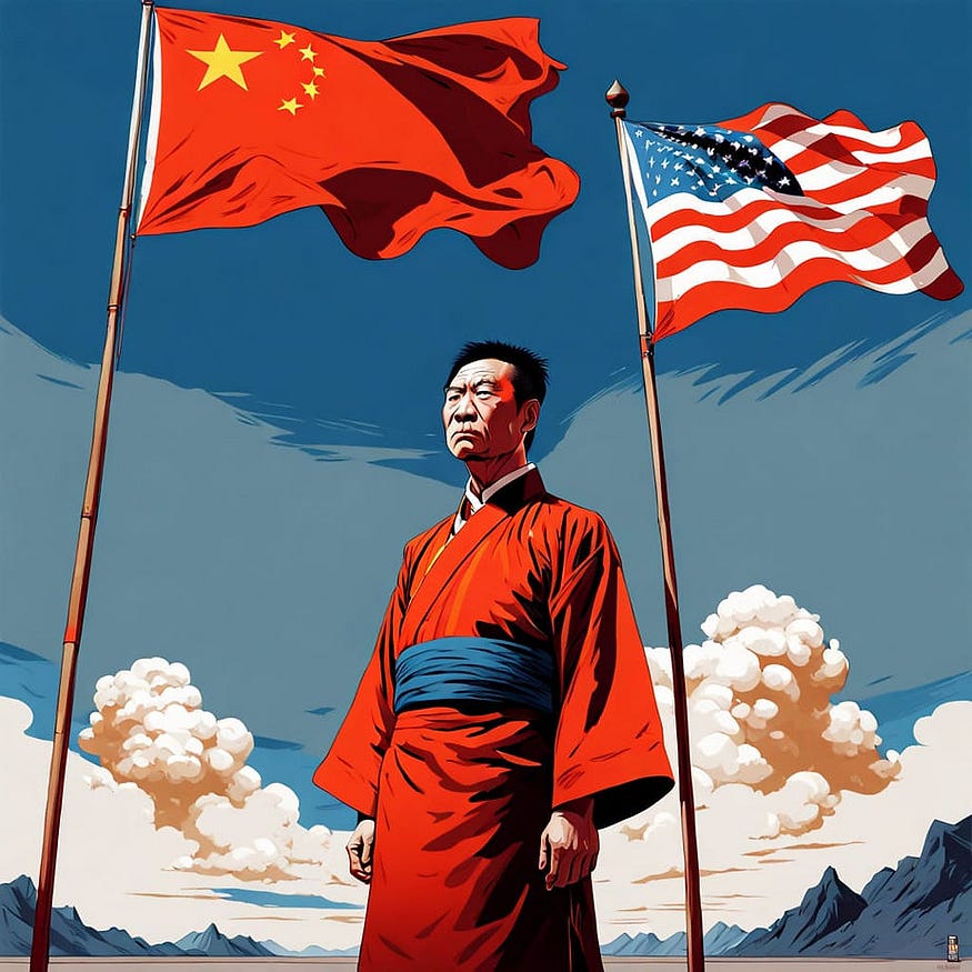 A Chinese man with a Chinese and an American flag is in the picture