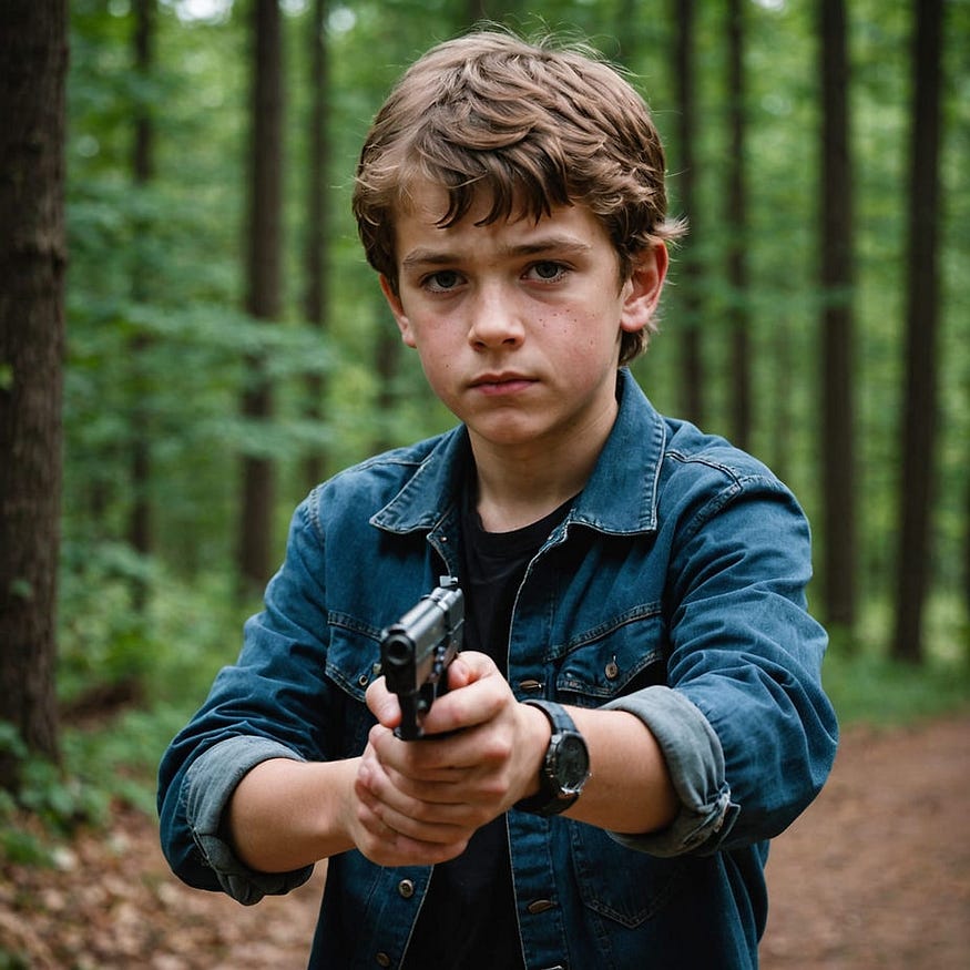 There is a very young kid with a gun in his hands in this picture