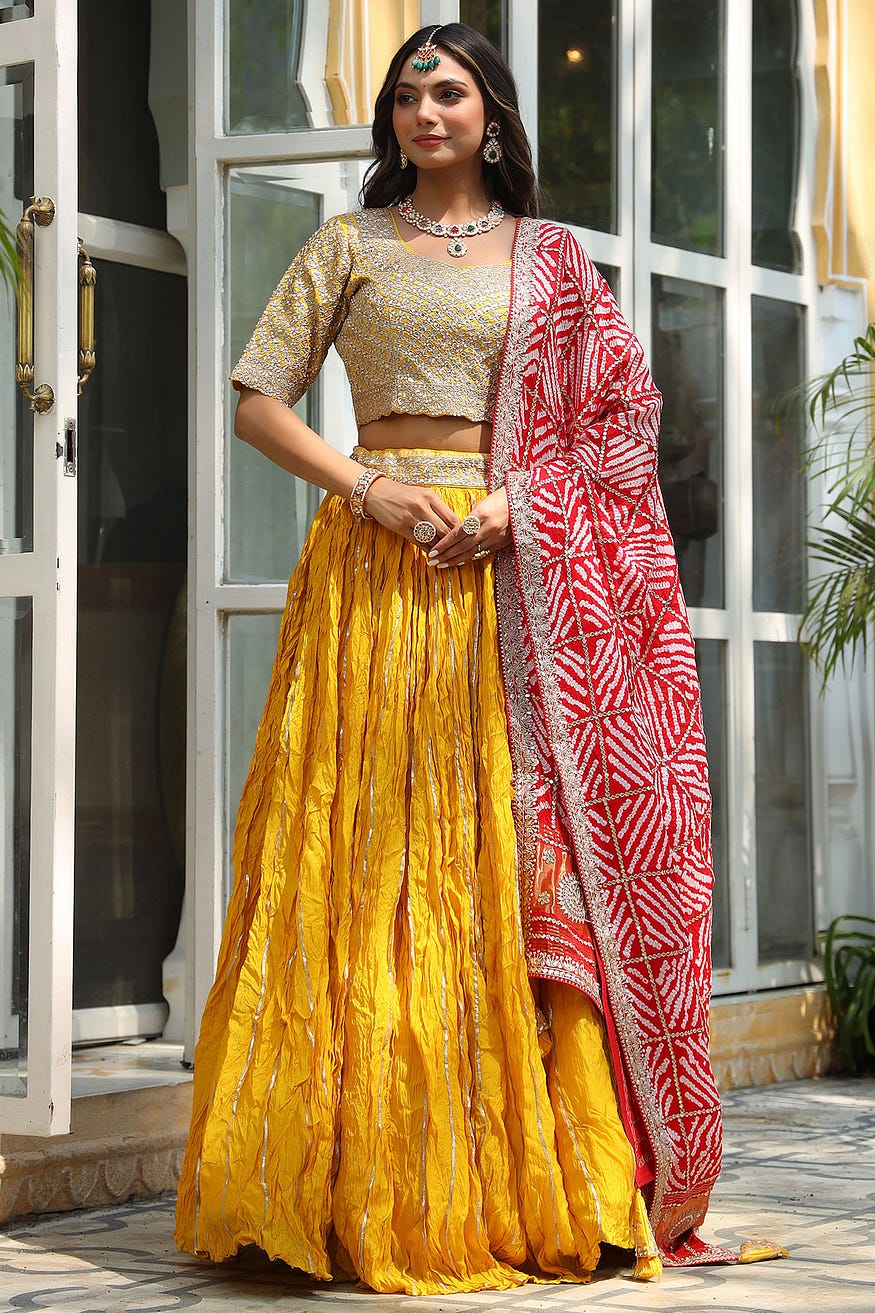 Golden Yellow Gota Embroidered Silk Sangeet Lehenga With Bandhani Dupatta by Samyakk.com