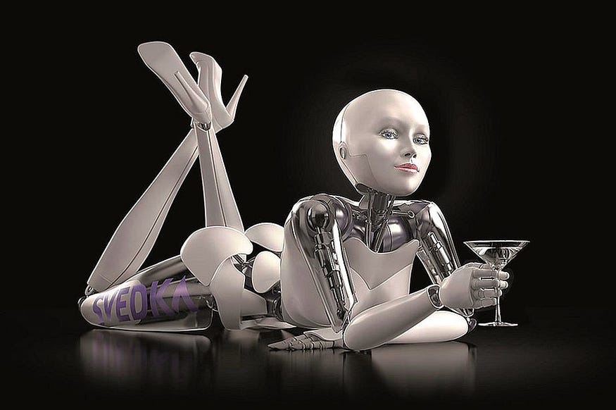 There is a robot with a cocktail glass in hands in this picture