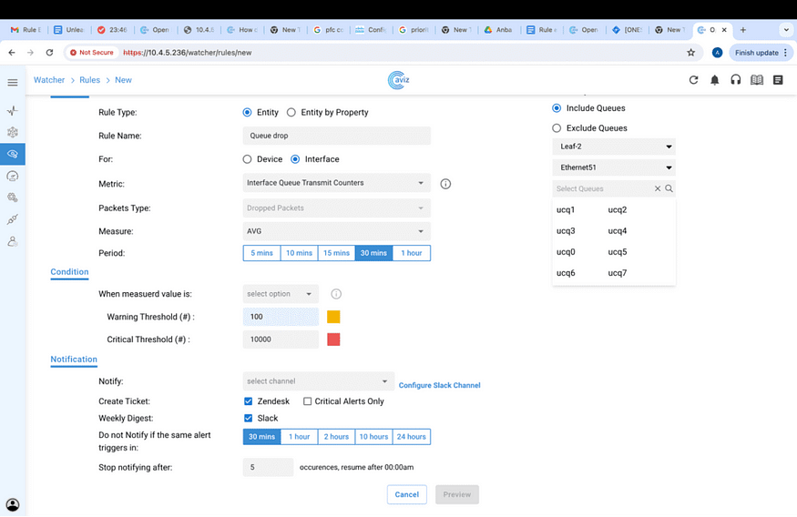 Figure 3: Filter options for interface Queue Drop counters rule