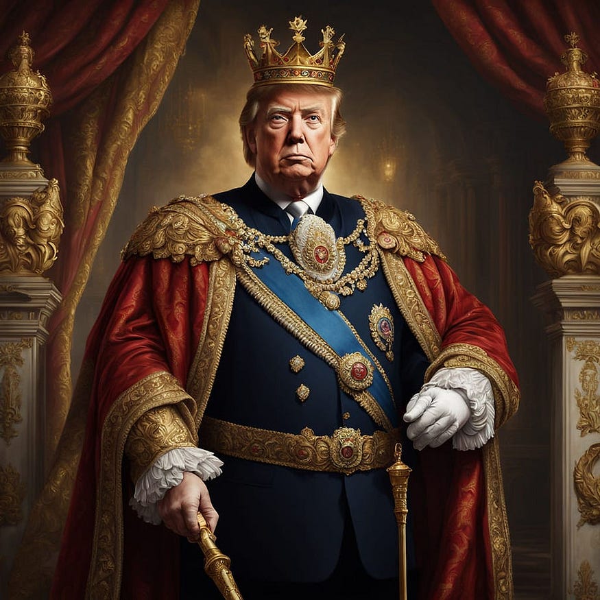 Donald Trump dressed like a king with a crown on his head