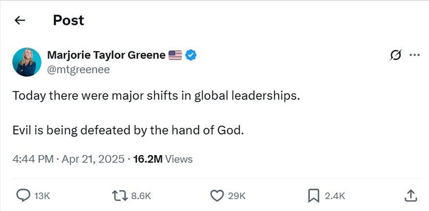 A post on X by Republican Marjorie Taylor Greene, Conspiracy Theorist
