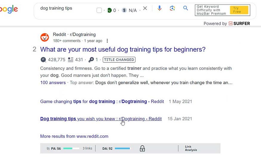 Google search result for High DA website