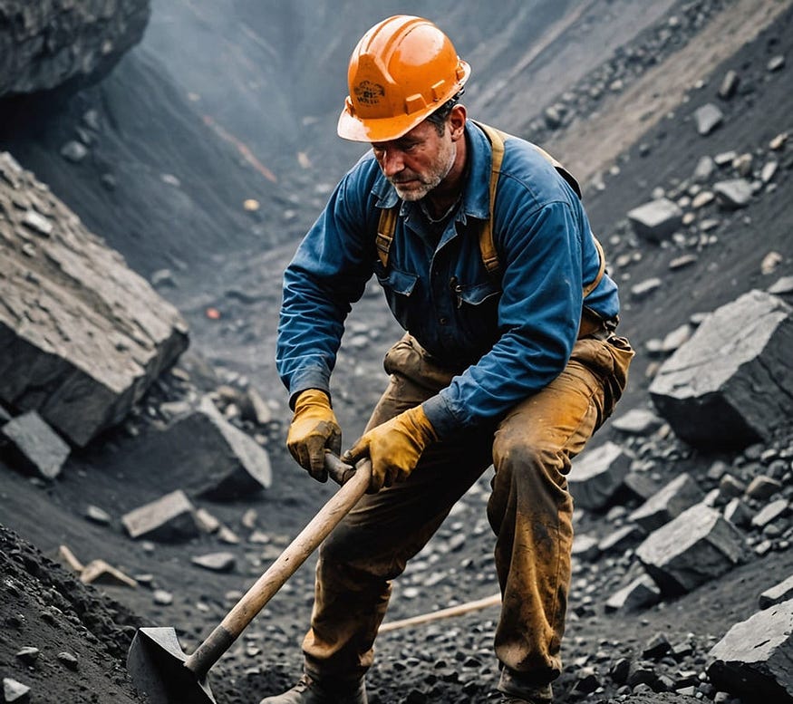 There is a miner with a helmet and the shovel in this picture