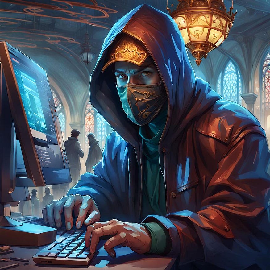 There is a scammer with a hood and the mask typing on the computer in the picture