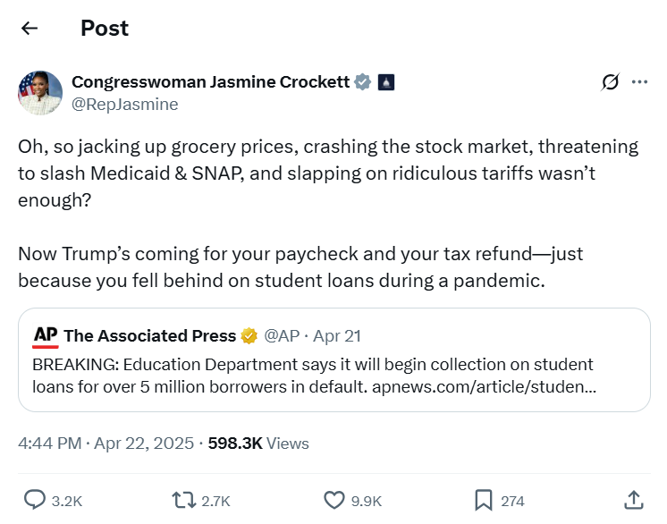A post on X written by Jasmine Felicia Crockett, Democratic Congresswoman