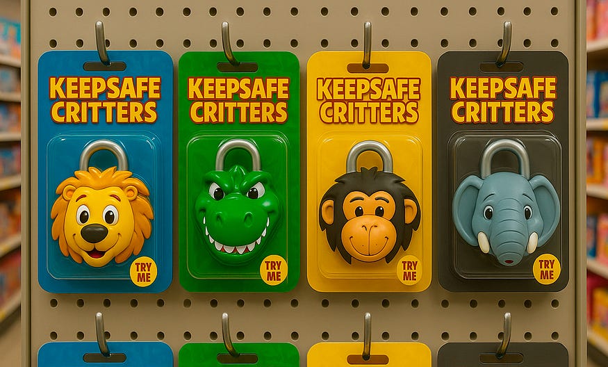 A full product shelf mockup of Keepsafe Critters, with lion, gator, monkey, and elephant locks in colorful packaging.